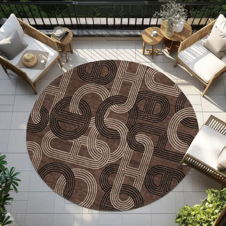 8' Chocolate And Beige Round Geometric Washable Indoor Outdoor Area Rug