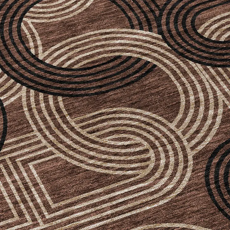 8' Chocolate And Beige Round Geometric Washable Indoor Outdoor Area Rug