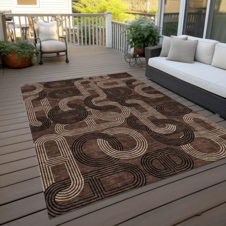 8' X 10' Chocolate And Beige Geometric Washable Indoor Outdoor Area Rug
