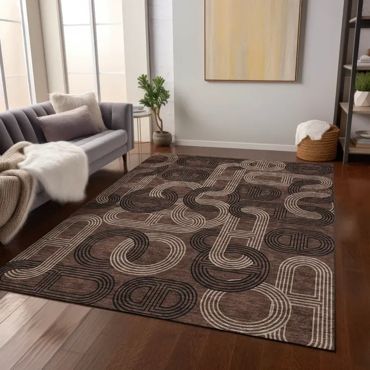 8' X 10' Chocolate And Beige Geometric Washable Indoor Outdoor Area Rug