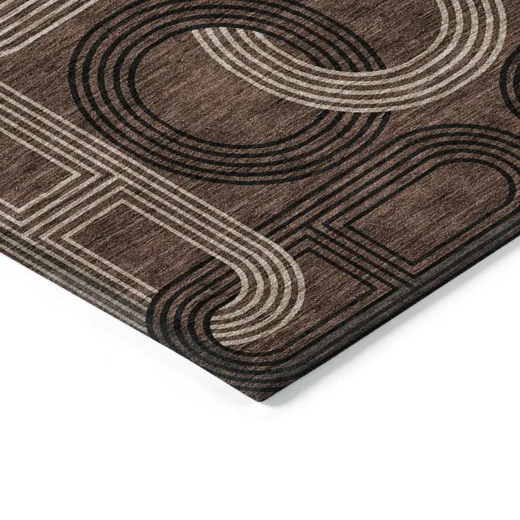 10' X 14' Chocolate And Beige Geometric Washable Indoor Outdoor Area Rug
