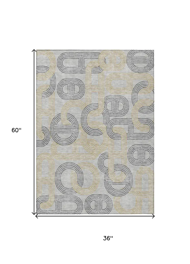3' X 5' Gray And Gold Geometric Washable Indoor Outdoor Area Rug