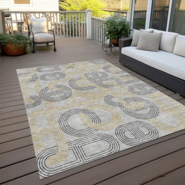 5' X 8' Gray And Gold Geometric Washable Indoor Outdoor Area Rug