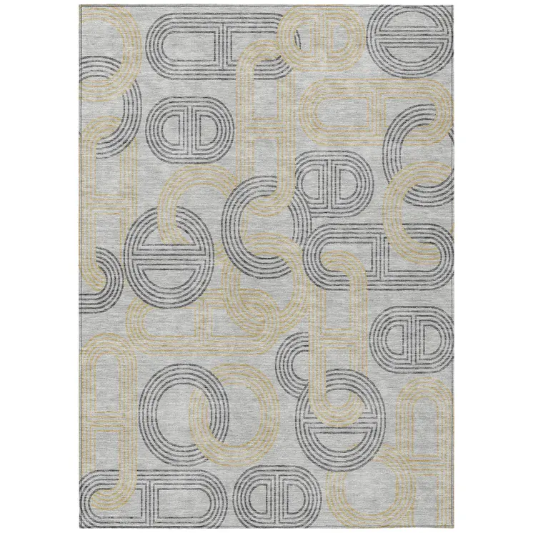 5' X 8' Gray And Gold Geometric Washable Indoor Outdoor Area Rug