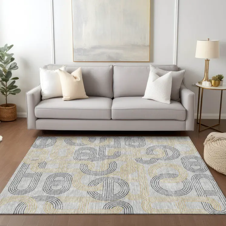 5' X 8' Gray And Gold Geometric Washable Indoor Outdoor Area Rug