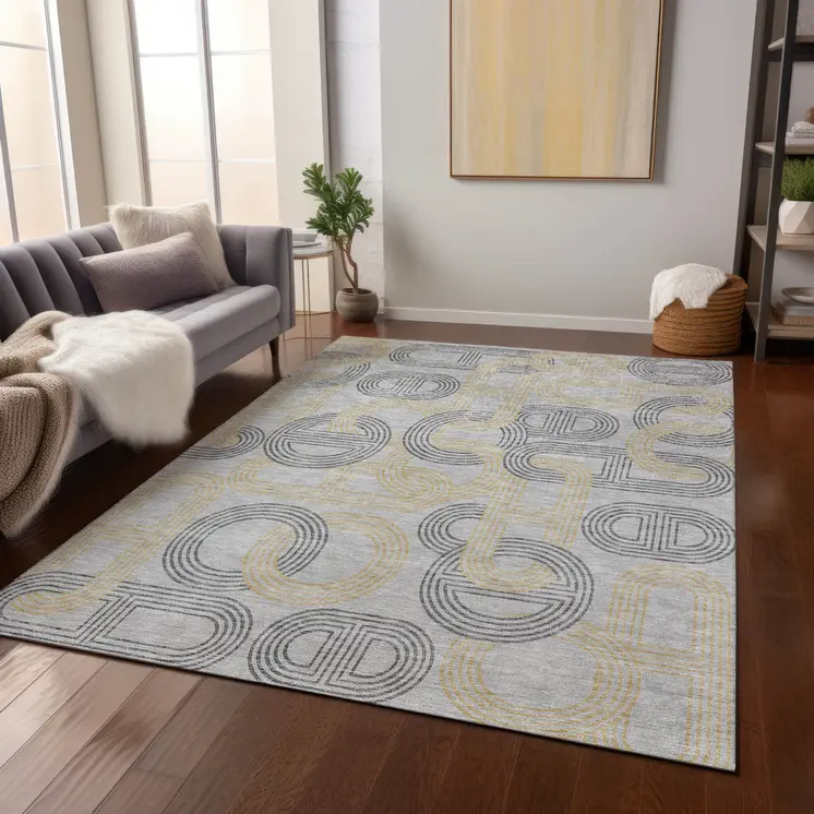 5' X 8' Gray And Gold Geometric Washable Indoor Outdoor Area Rug