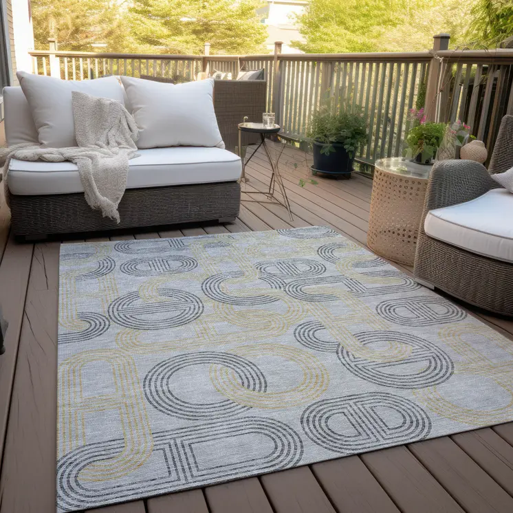 5' X 8' Gray And Gold Geometric Washable Indoor Outdoor Area Rug