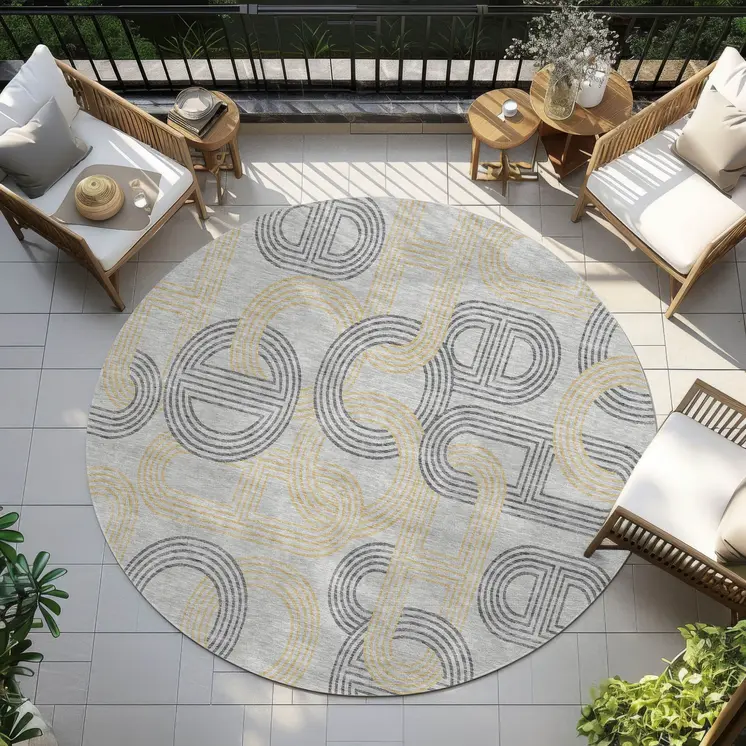 8' Gray And Gold Round Geometric Washable Indoor Outdoor Area Rug