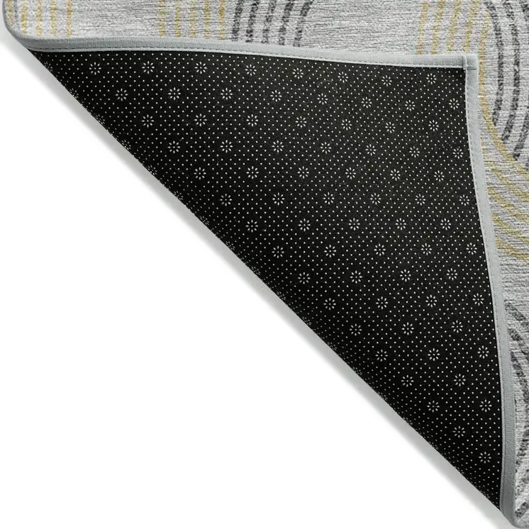 8' Gray And Gold Round Geometric Washable Indoor Outdoor Area Rug