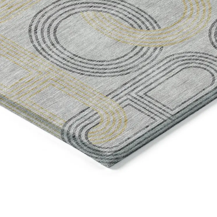 8' Gray And Gold Round Geometric Washable Indoor Outdoor Area Rug
