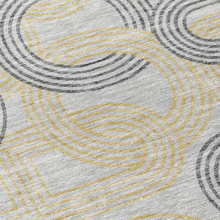 8' Gray And Gold Round Geometric Washable Indoor Outdoor Area Rug