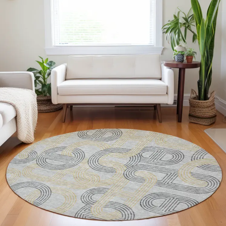 8' Gray And Gold Round Geometric Washable Indoor Outdoor Area Rug
