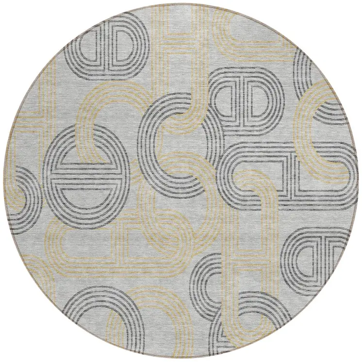 8' Gray And Gold Round Geometric Washable Indoor Outdoor Area Rug