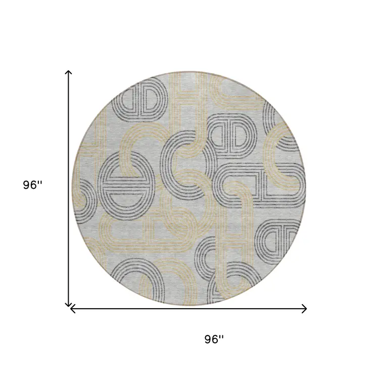 8' Gray And Gold Round Geometric Washable Indoor Outdoor Area Rug