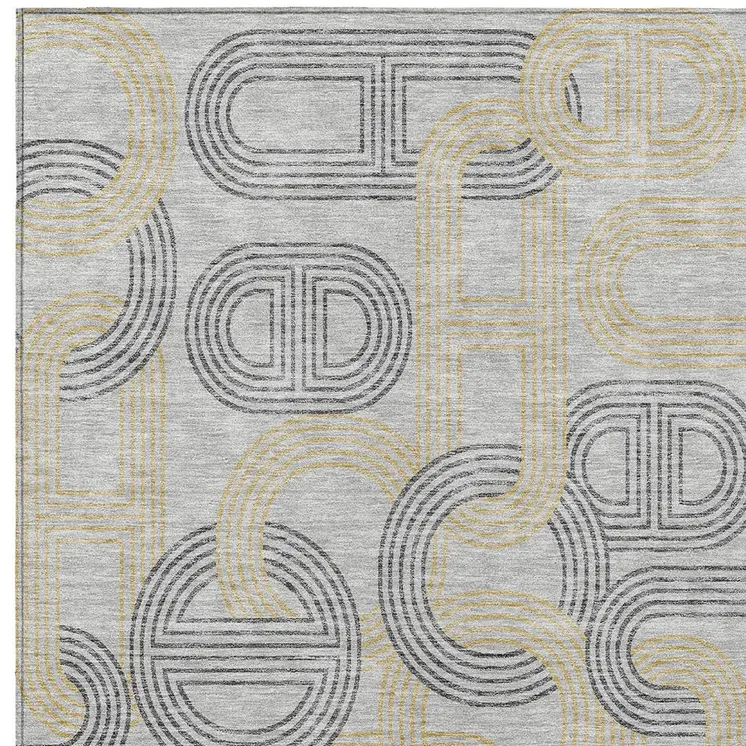 9' X 12' Gray And Gold Geometric Washable Indoor Outdoor Area Rug