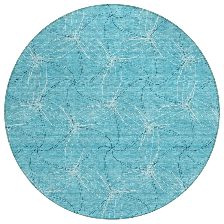8' Aqua And Ivory Round Geometric Washable Indoor Outdoor Area Rug