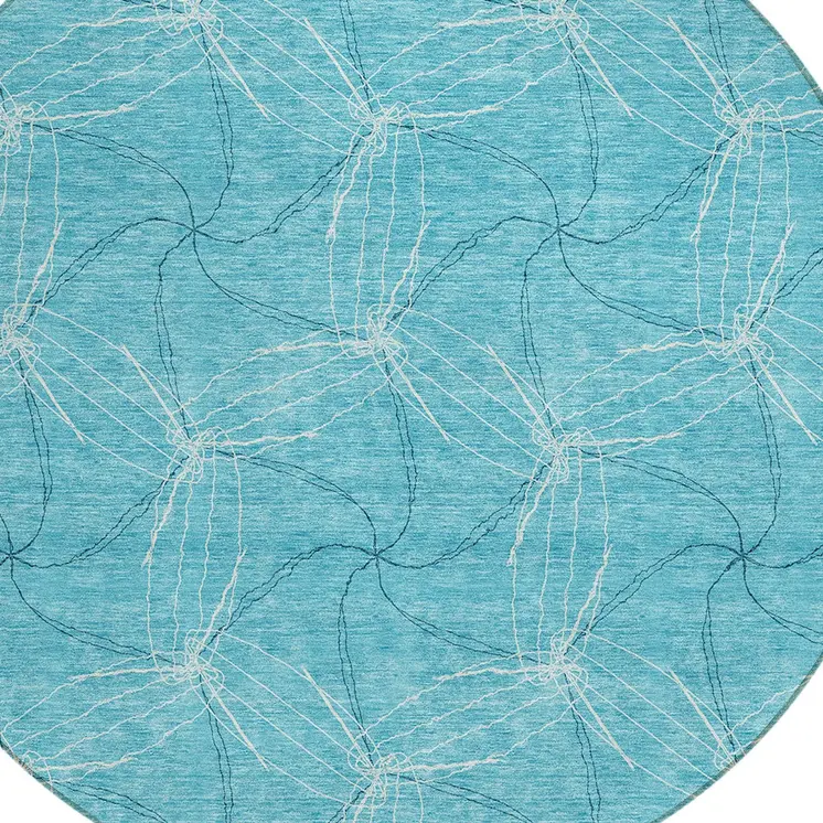 8' Aqua And Ivory Round Geometric Washable Indoor Outdoor Area Rug