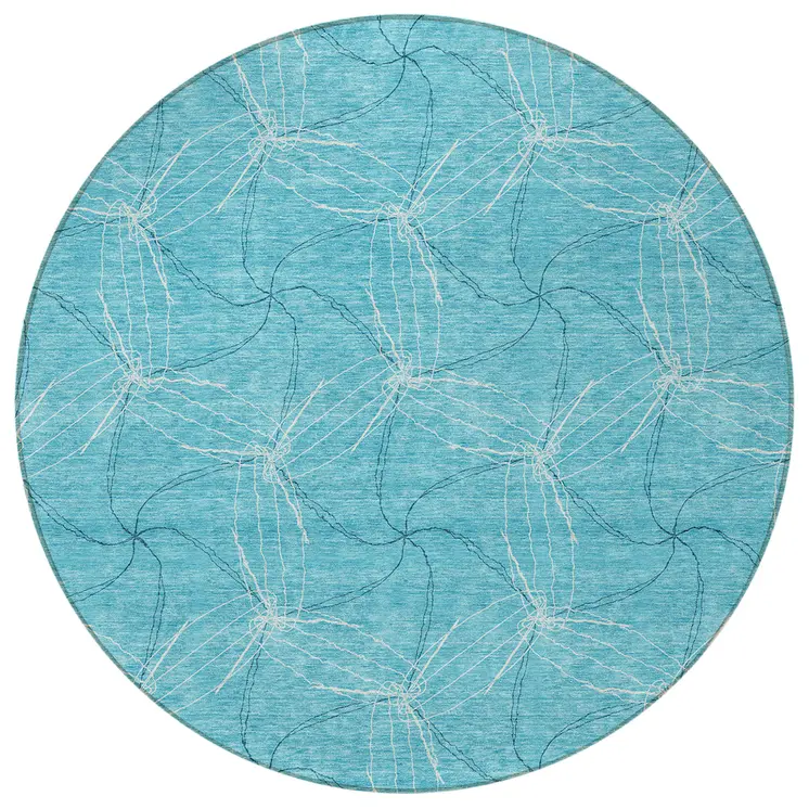8' Aqua And Ivory Round Geometric Washable Indoor Outdoor Area Rug