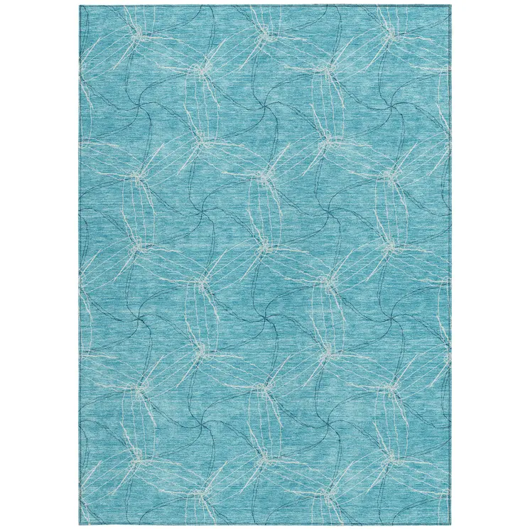 9' X 12' Aqua And Ivory Geometric Washable Indoor Outdoor Area Rug