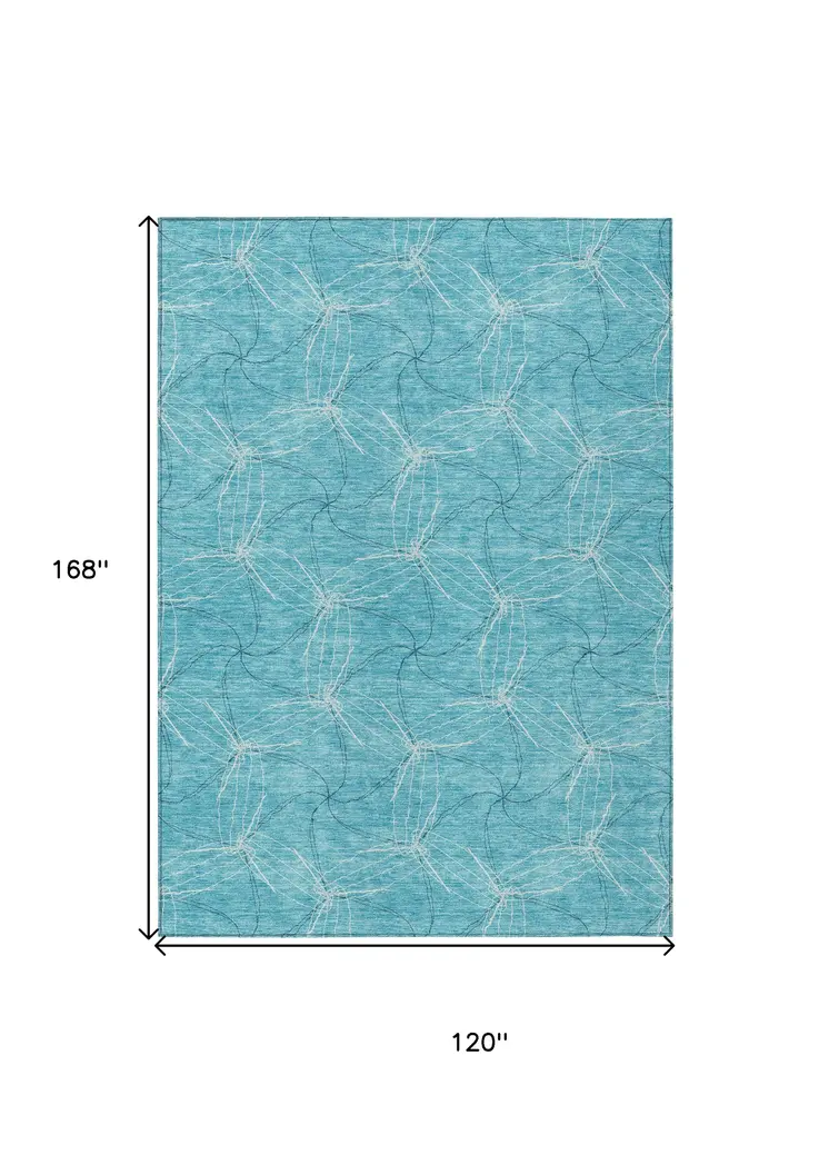 10' X 14' Aqua And Ivory Geometric Washable Indoor Outdoor Area Rug