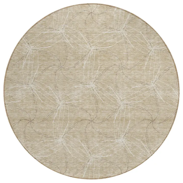8' Beige And Ivory Round Geometric Washable Indoor Outdoor Area Rug