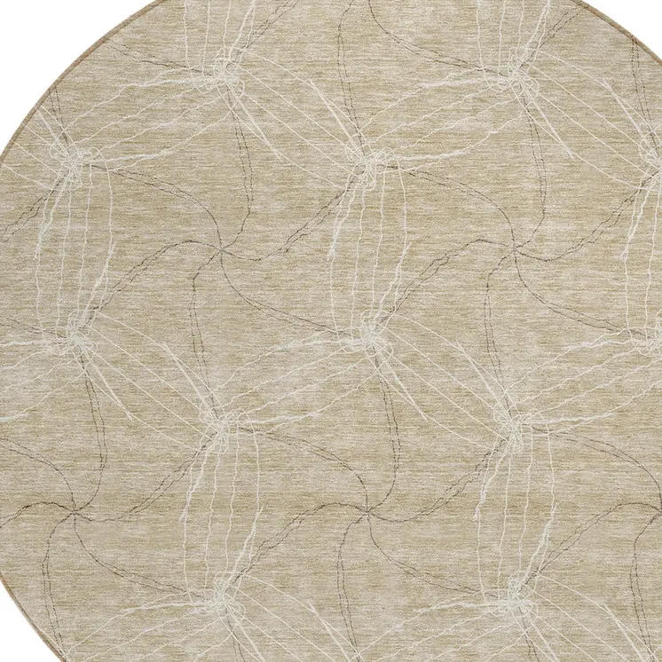 8' Beige And Ivory Round Geometric Washable Indoor Outdoor Area Rug