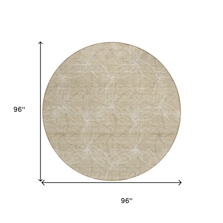 8' Beige And Ivory Round Geometric Washable Indoor Outdoor Area Rug