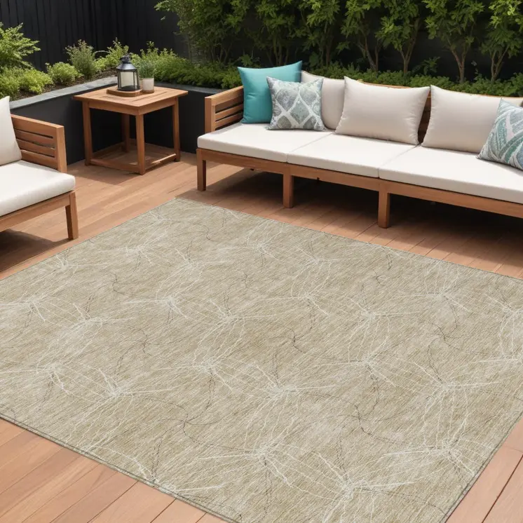 9' X 12' Beige And Ivory Geometric Washable Indoor Outdoor Area Rug