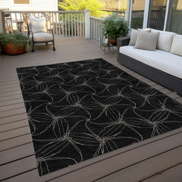 5' X 8' Black And Ivory Geometric Washable Indoor Outdoor Area Rug
