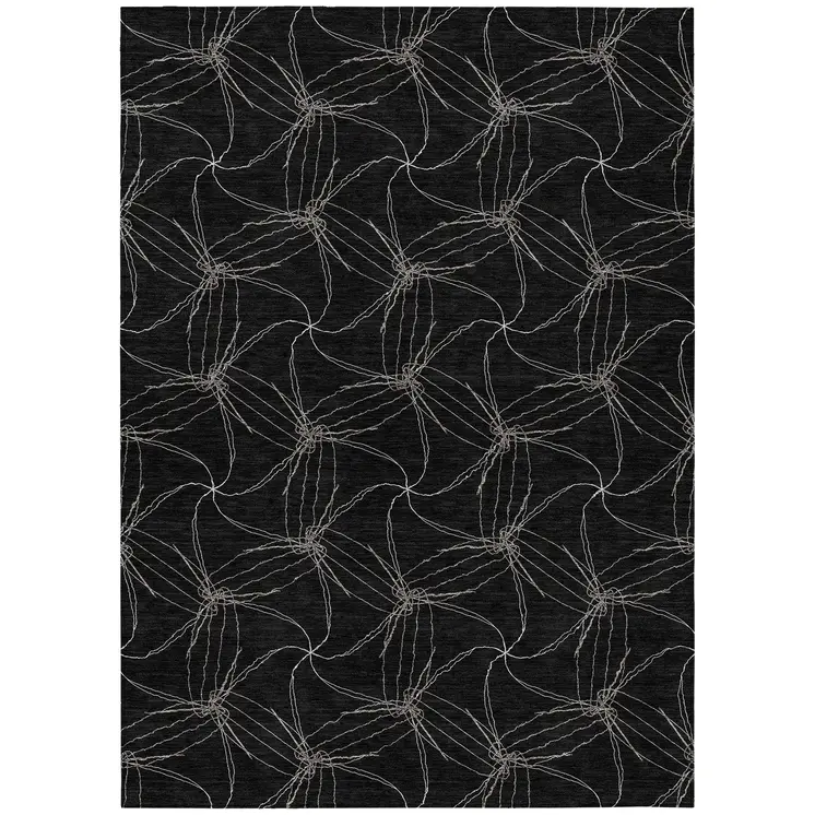 5' X 8' Black And Ivory Geometric Washable Indoor Outdoor Area Rug