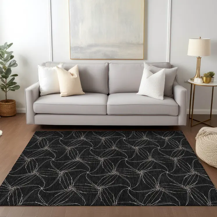 5' X 8' Black And Ivory Geometric Washable Indoor Outdoor Area Rug