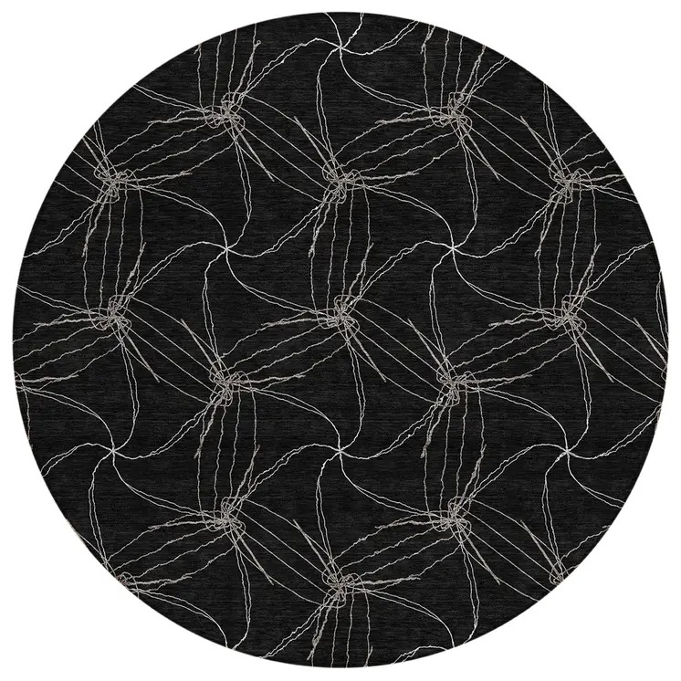 8' Black And Ivory Round Geometric Washable Indoor Outdoor Area Rug