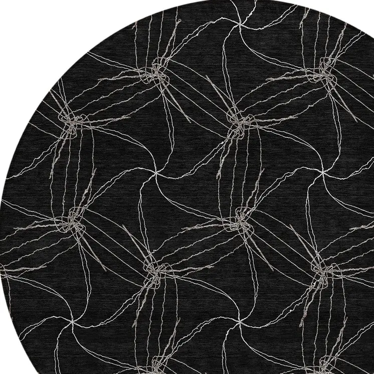 8' Black And Ivory Round Geometric Washable Indoor Outdoor Area Rug