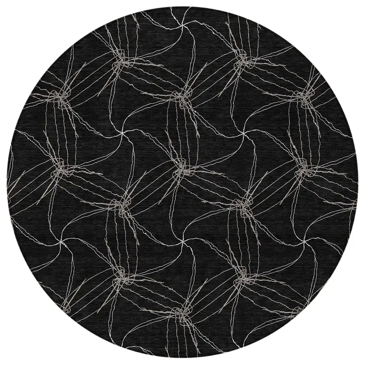 8' Black And Ivory Round Geometric Washable Indoor Outdoor Area Rug
