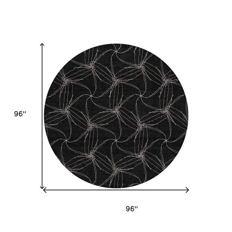 8' Black And Ivory Round Geometric Washable Indoor Outdoor Area Rug