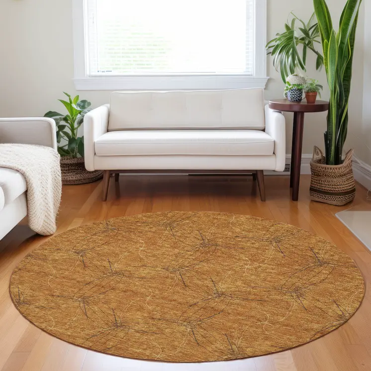 8' Copper And Ivory Round Geometric Washable Indoor Outdoor Area Rug