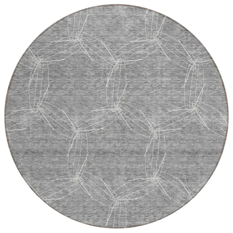 8' Gray And Ivory Round Geometric Washable Indoor Outdoor Area Rug