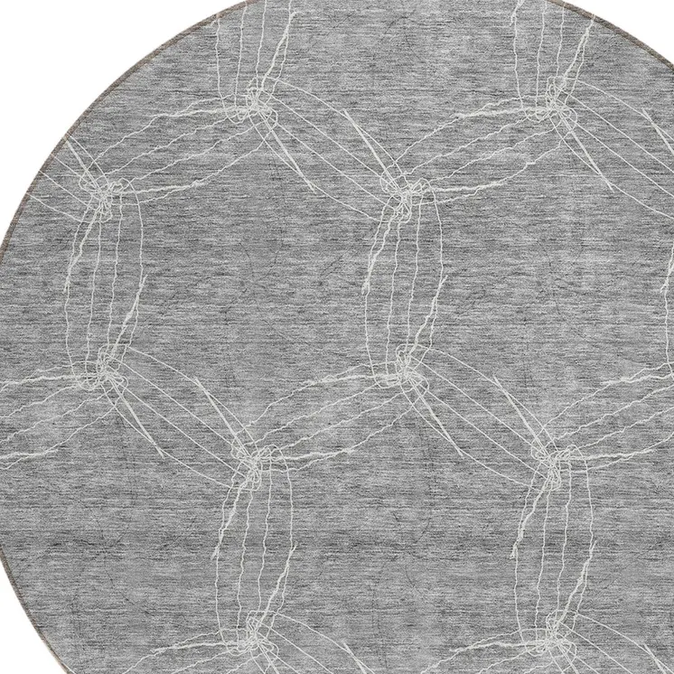 8' Gray And Ivory Round Geometric Washable Indoor Outdoor Area Rug