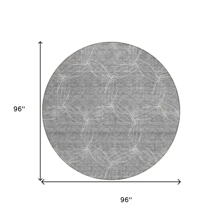 8' Gray And Ivory Round Geometric Washable Indoor Outdoor Area Rug