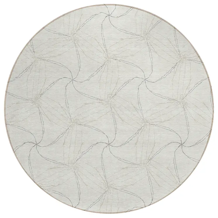 8' Ivory And Taupe Round Geometric Washable Indoor Outdoor Area Rug