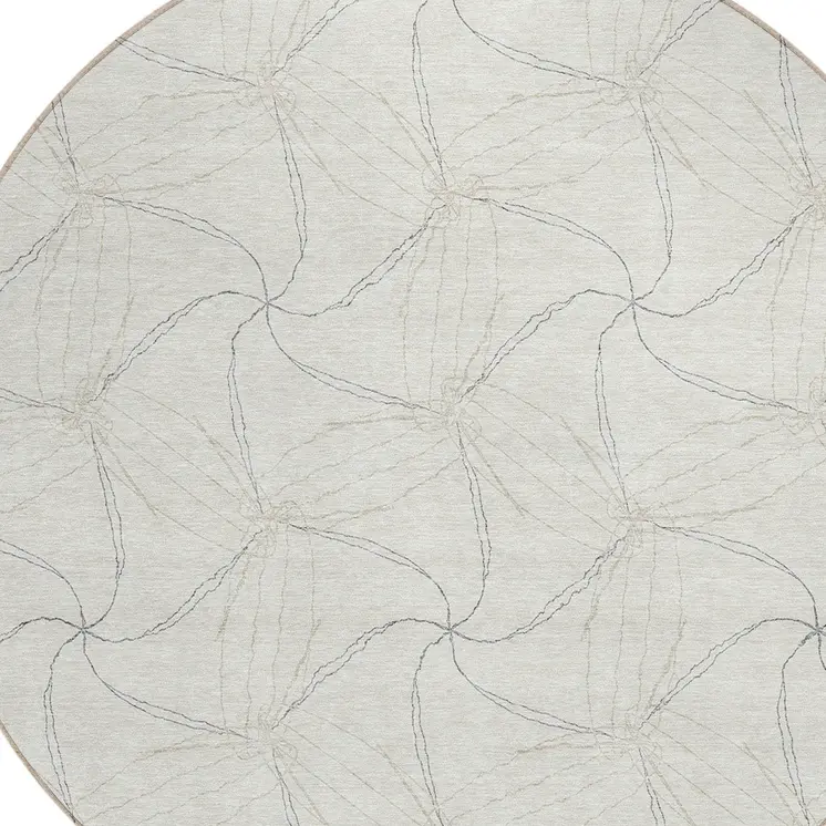 8' Ivory And Taupe Round Geometric Washable Indoor Outdoor Area Rug