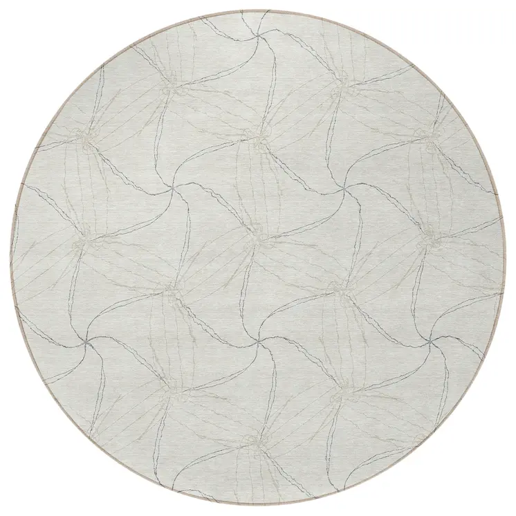 8' Ivory And Taupe Round Geometric Washable Indoor Outdoor Area Rug