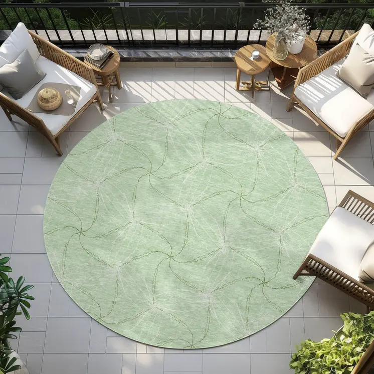 8' Mint Green And Ivory Round Geometric Washable Indoor Outdoor Area Rug