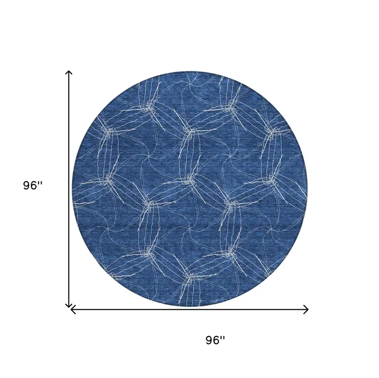 8' Navy Blue And Ivory Round Geometric Washable Indoor Outdoor Area Rug