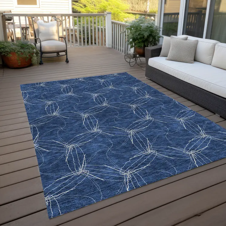 10' X 14' Navy Blue And Ivory Geometric Washable Indoor Outdoor Area Rug