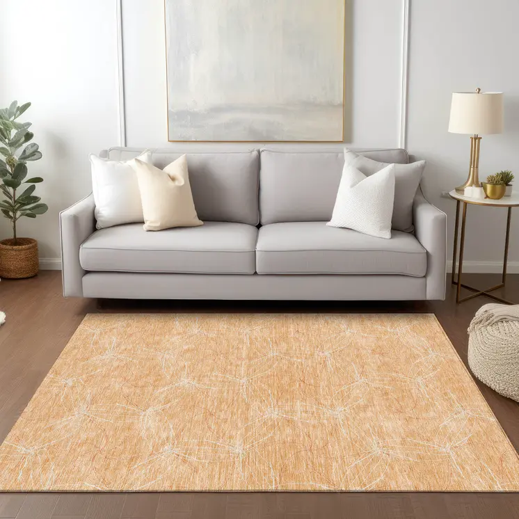 5' X 8' Peach And Ivory Geometric Washable Indoor Outdoor Area Rug