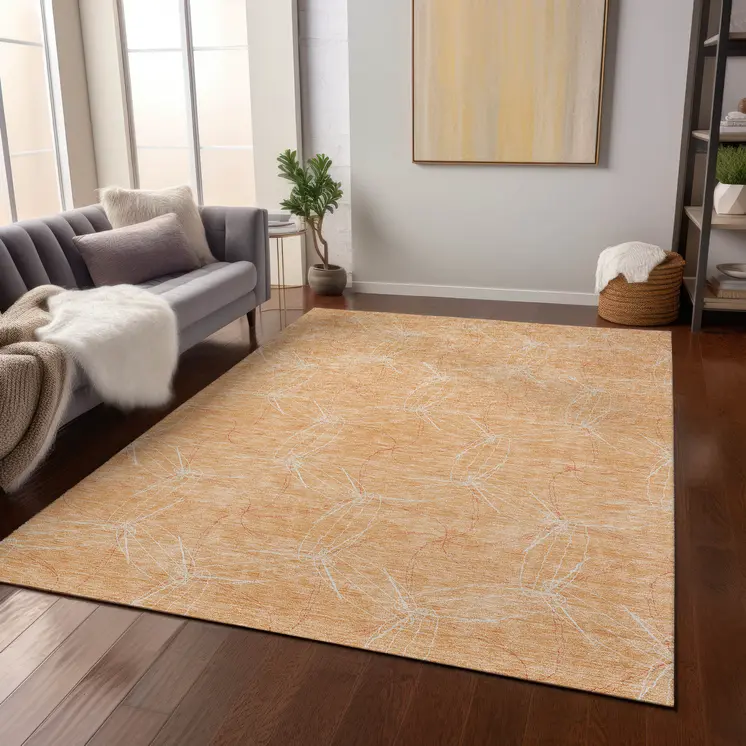 5' X 8' Peach And Ivory Geometric Washable Indoor Outdoor Area Rug