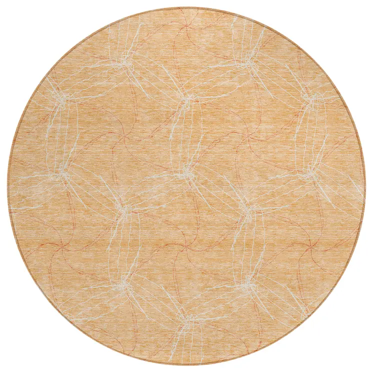 8' Peach And Ivory Round Geometric Washable Indoor Outdoor Area Rug