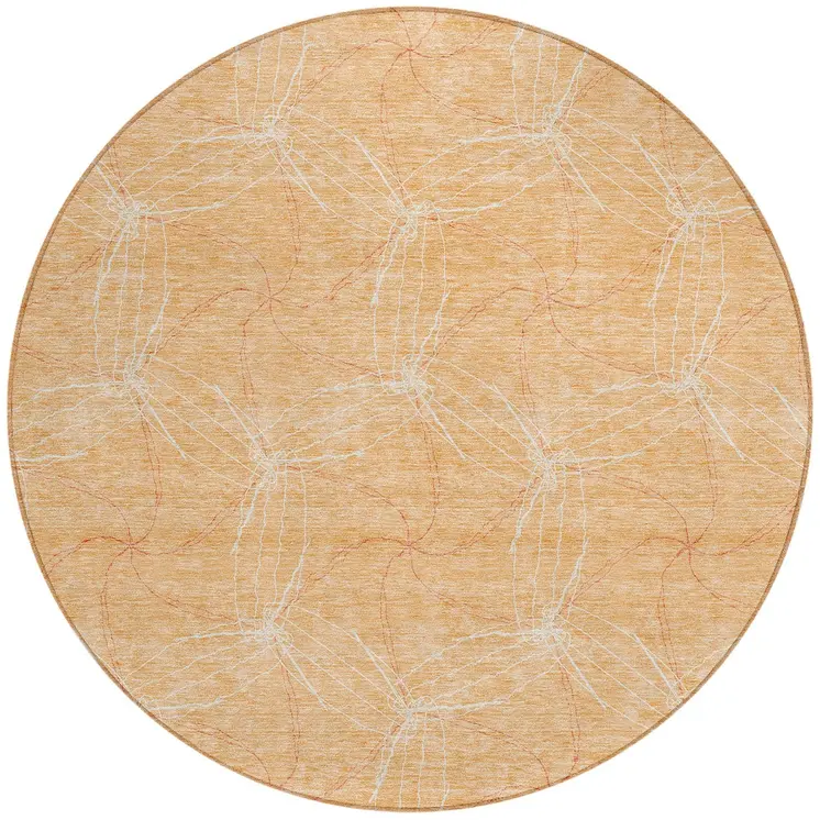 8' Peach And Ivory Round Geometric Washable Indoor Outdoor Area Rug