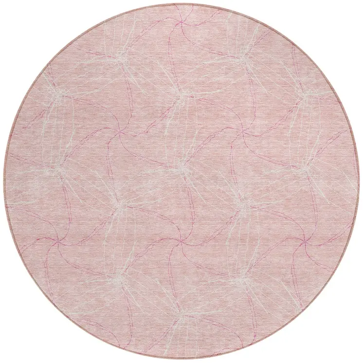8' Pink And Ivory Round Geometric Washable Indoor Outdoor Area Rug